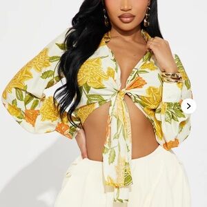 Fashion Nova Floral Tie-Front Blouse - Yellow, Green, and Orange